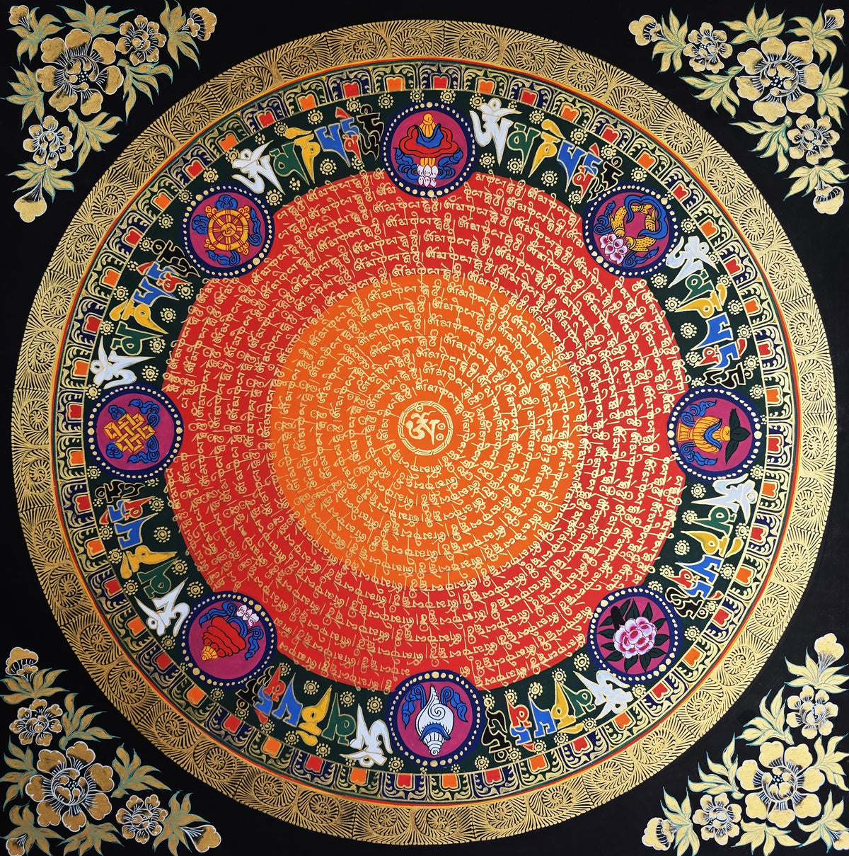 Hand-Painted Om Mantra Mandala Thangka