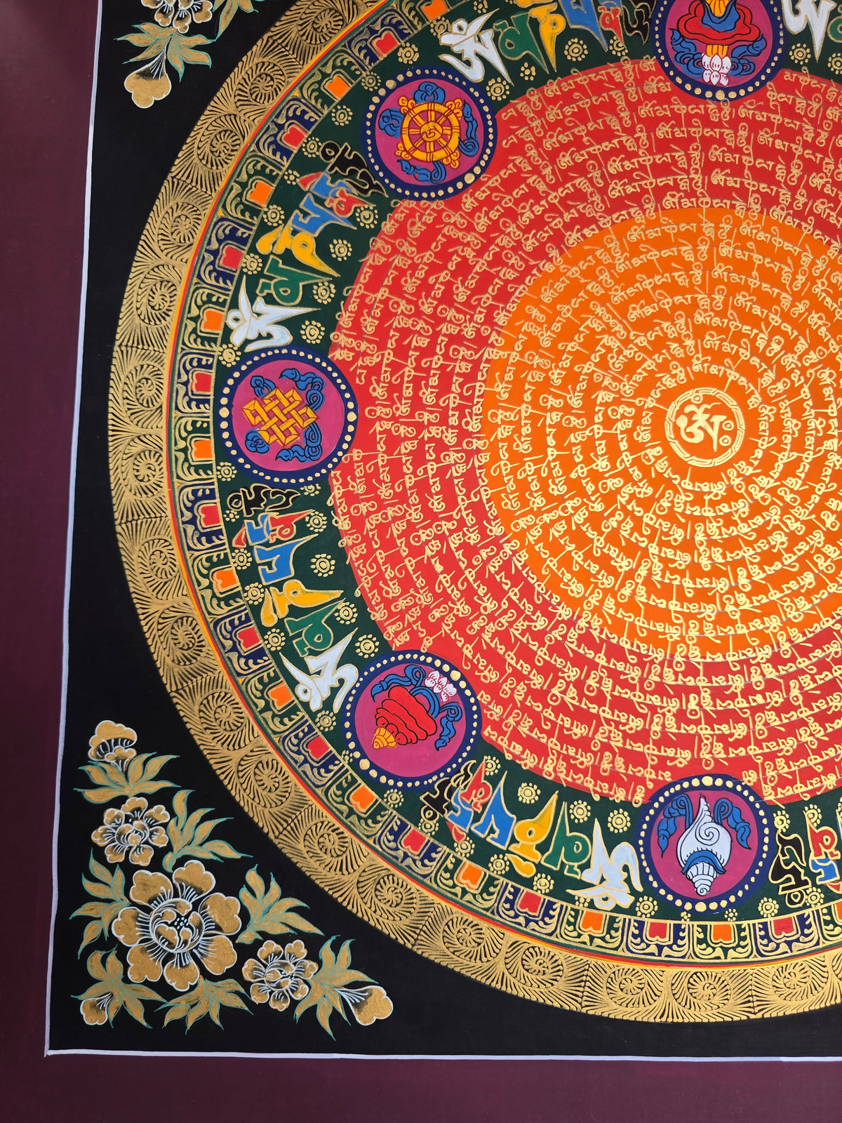 Hand-Painted Om Mantra Mandala Thangka