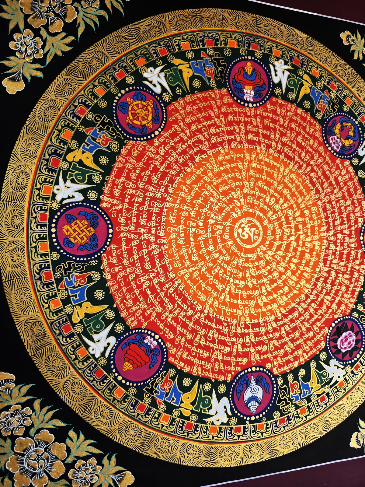 Hand-Painted Om Mantra Mandala Thangka