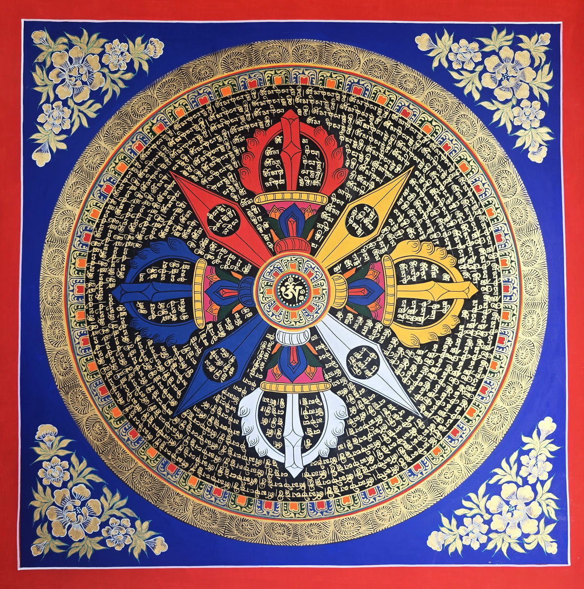 Hand-Painted Om Mantra Mandala Thangka