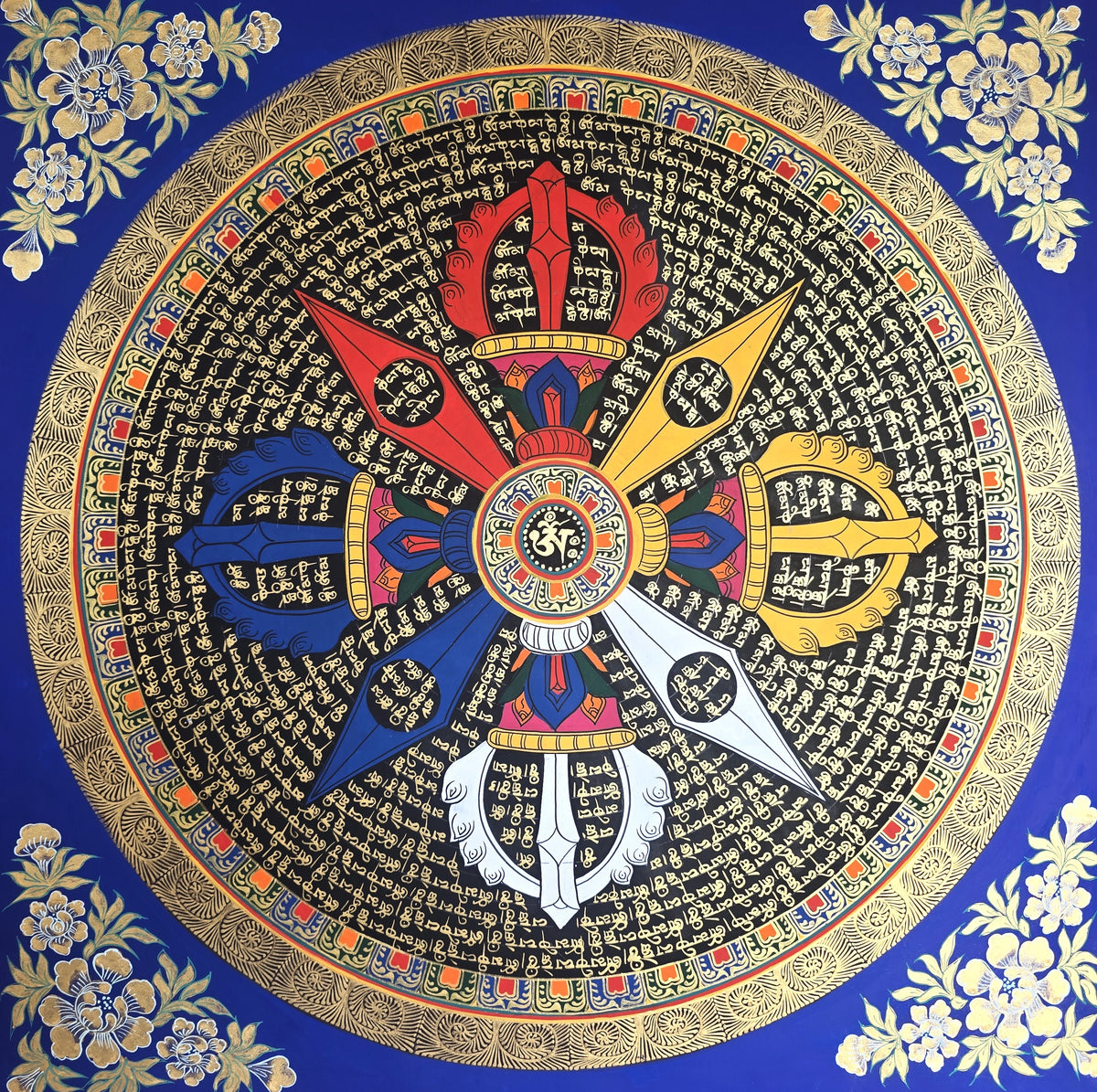 Hand-Painted Om Mantra Mandala Thangka