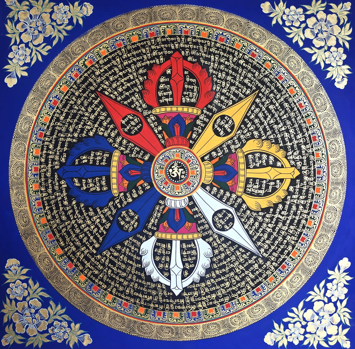 Hand-Painted Om Mantra Mandala Thangka