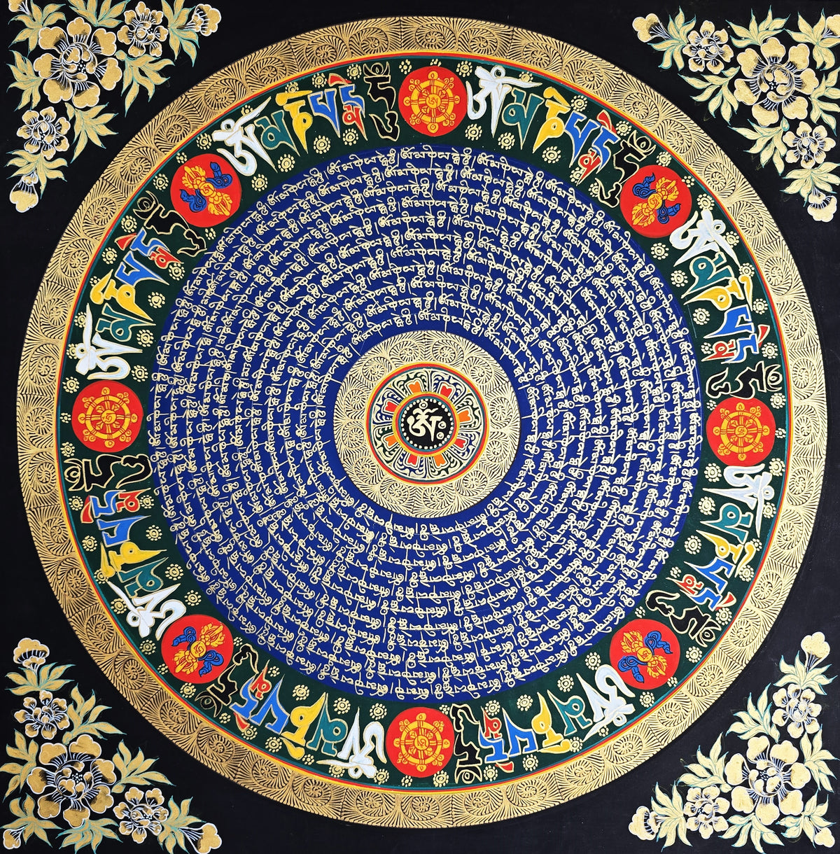 Hand-Painted Om Mantra Mandala Thangka