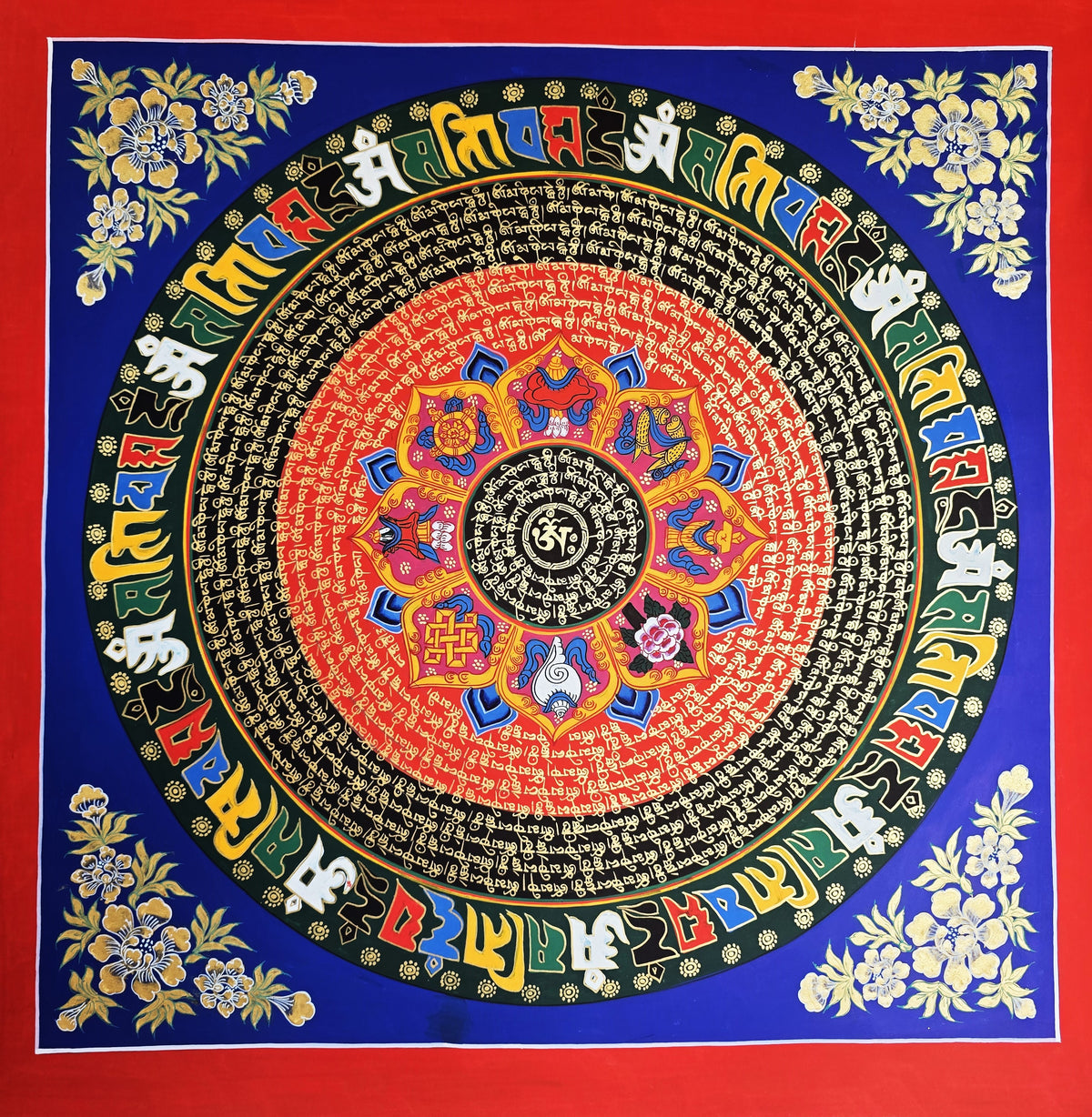 Hand-Painted Om Mantra Mandala Thangka