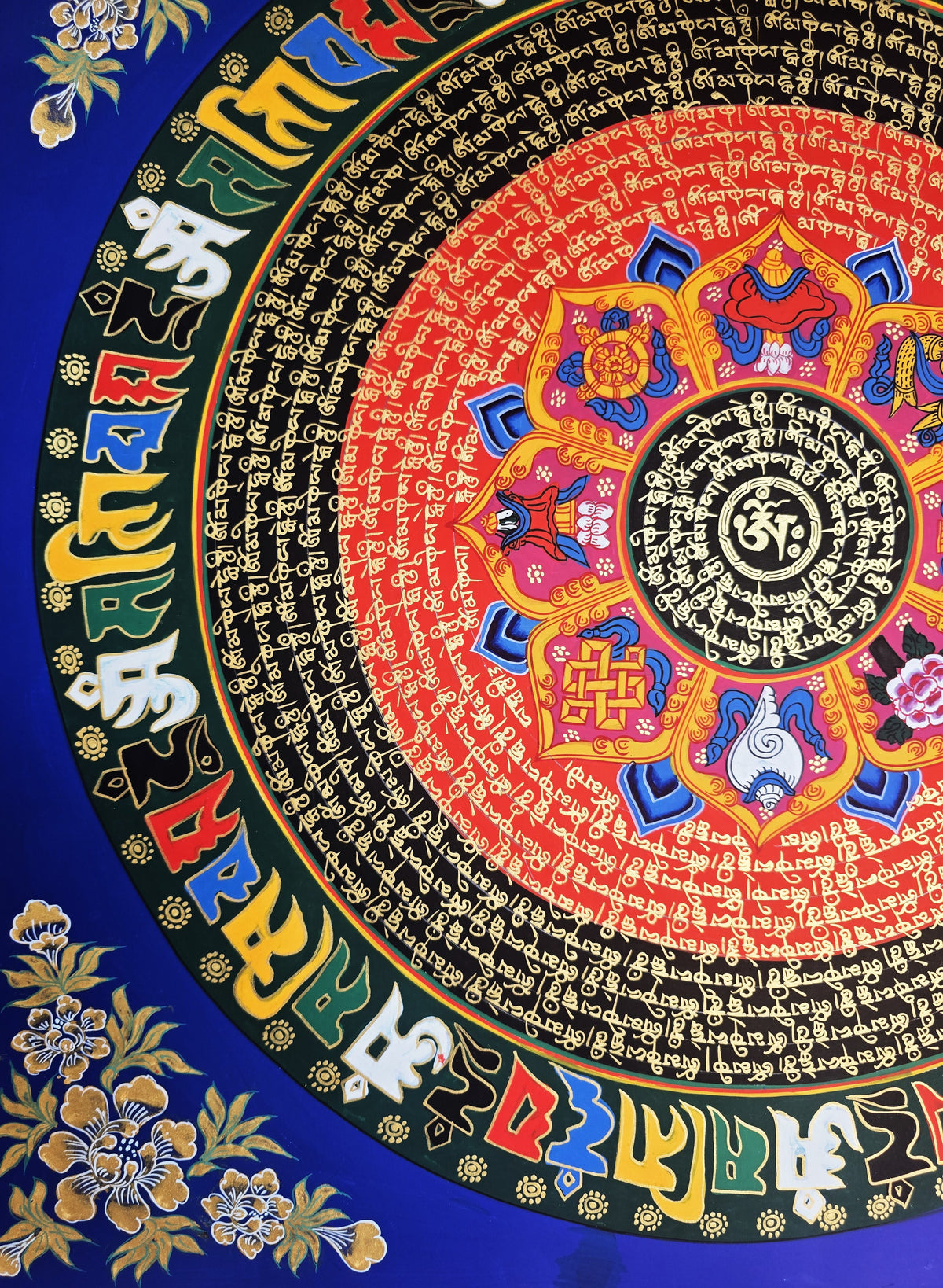 Hand-Painted Om Mantra Mandala Thangka