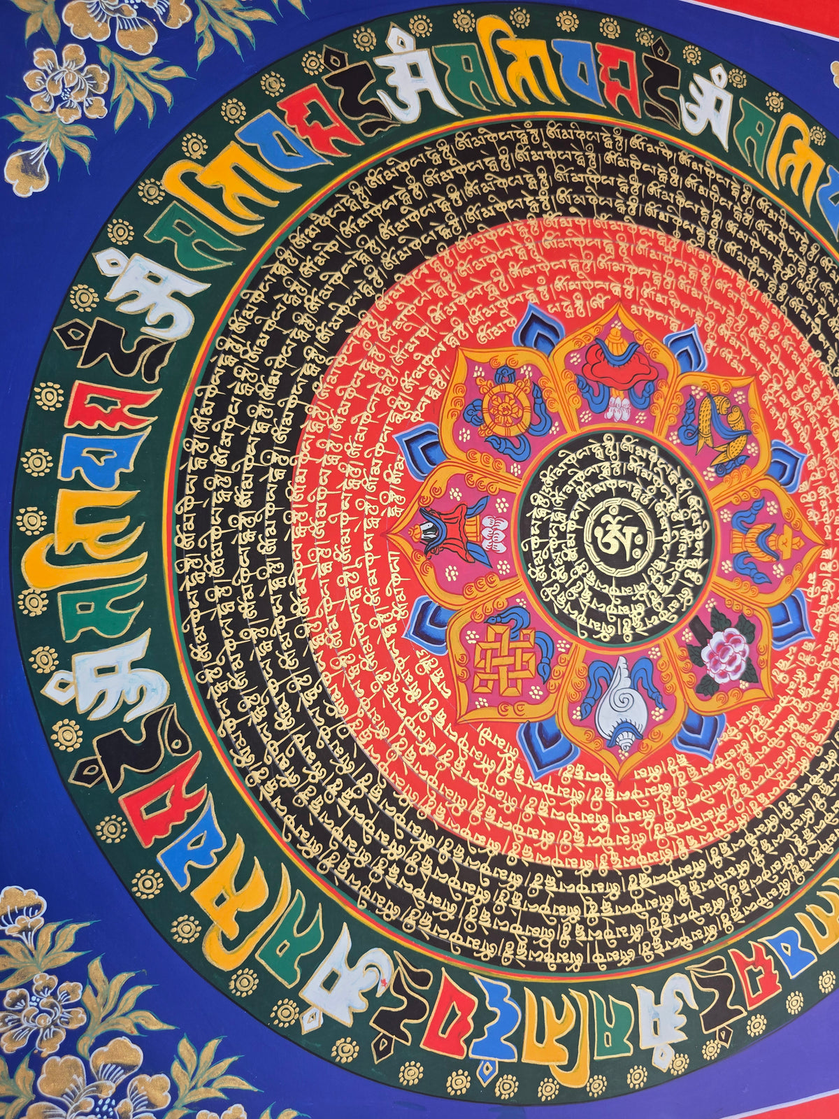 Hand-Painted Om Mantra Mandala Thangka