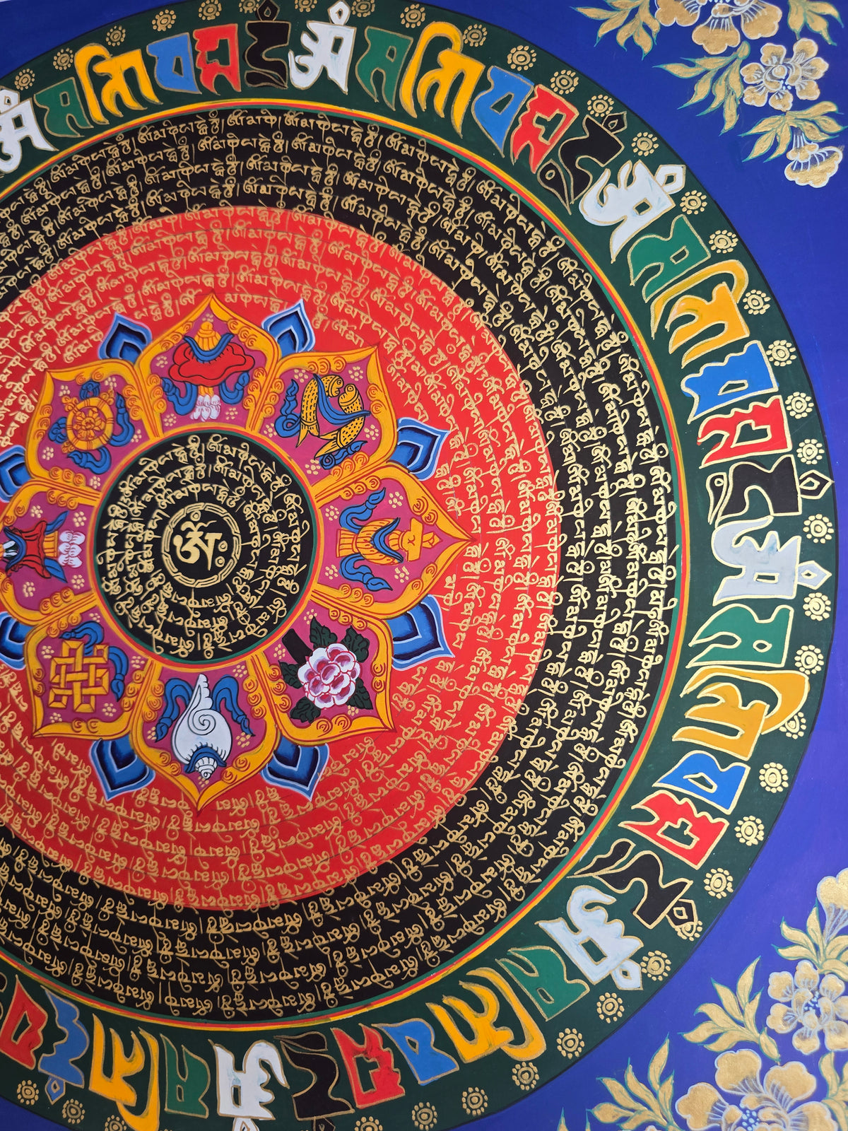 Hand-Painted Om Mantra Mandala Thangka