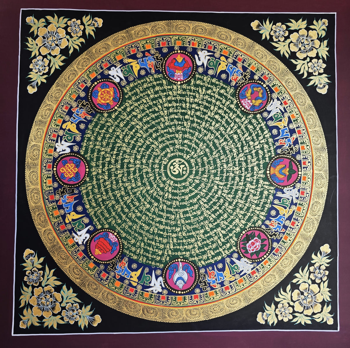 Hand-Painted Om Mantra Mandala Thangka