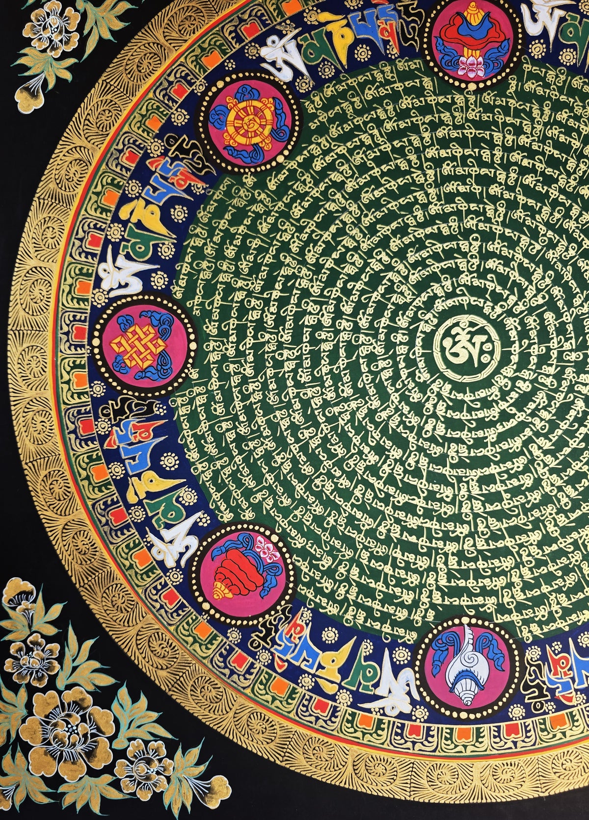 Hand-Painted Om Mantra Mandala Thangka