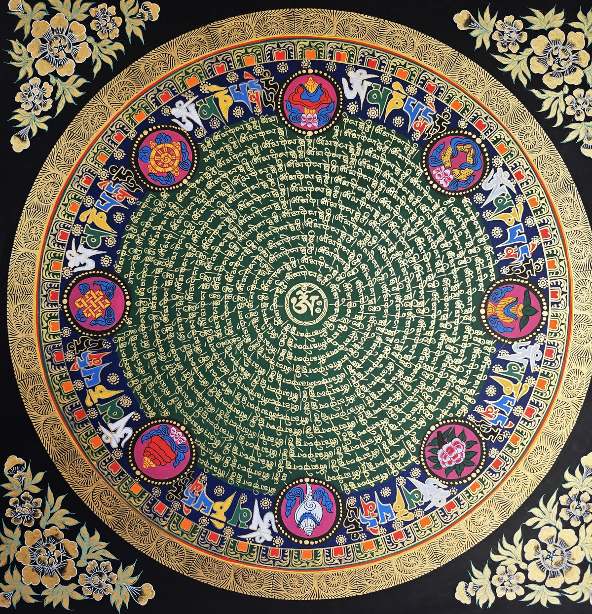 Hand-Painted Om Mantra Mandala Thangka