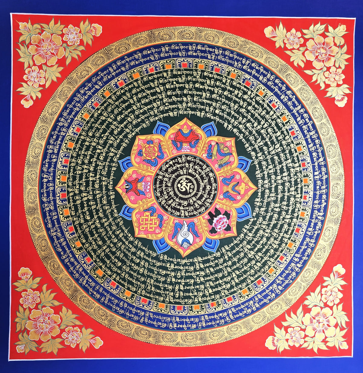 Hand-Painted Om Mantra Mandala Thangka