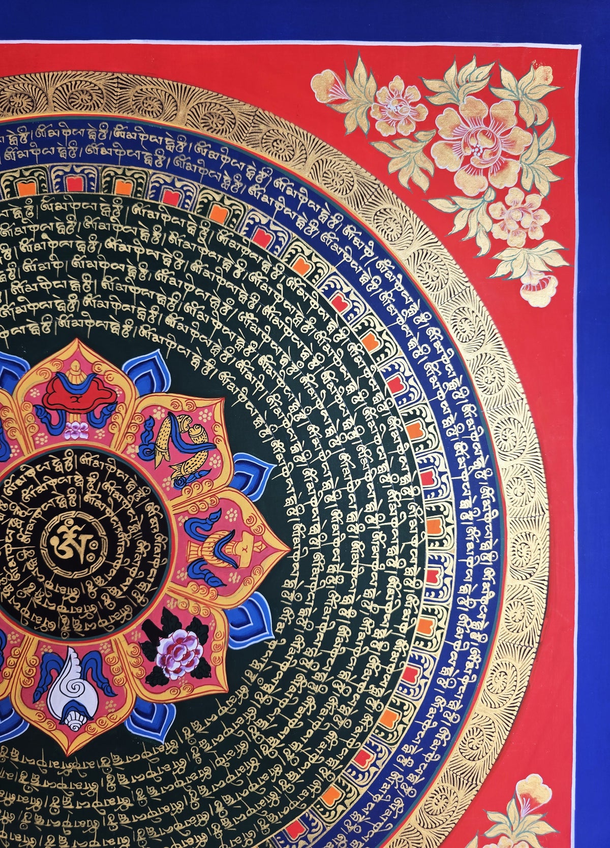 Hand-Painted Om Mantra Mandala Thangka