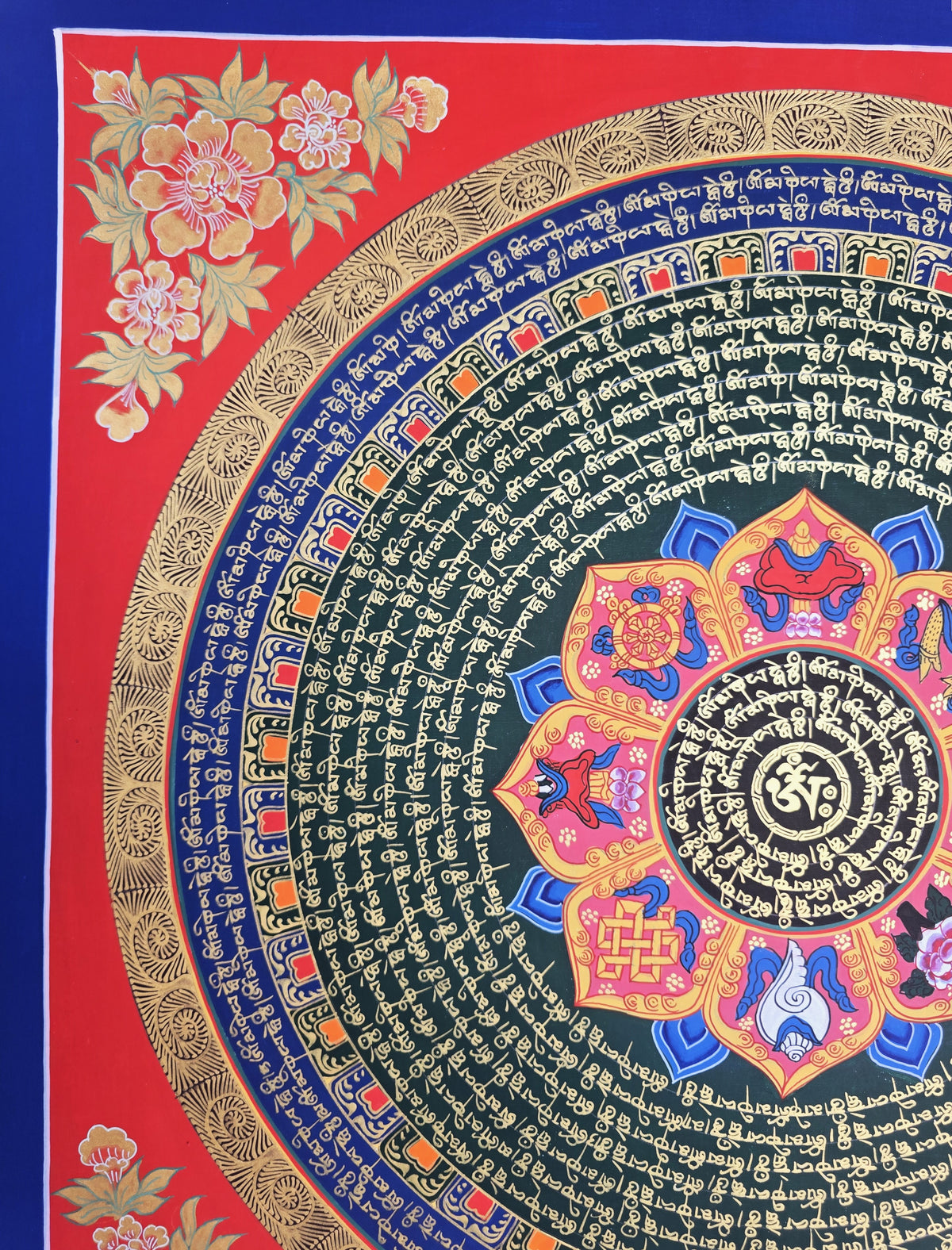 Hand-Painted Om Mantra Mandala Thangka