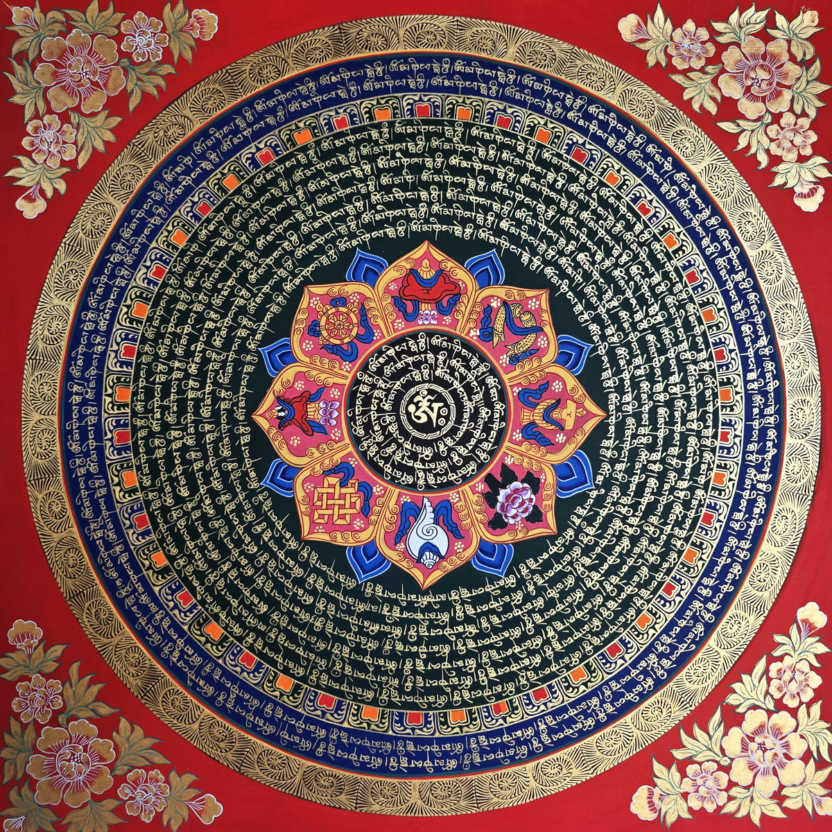 Hand-Painted Om Mantra Mandala Thangka