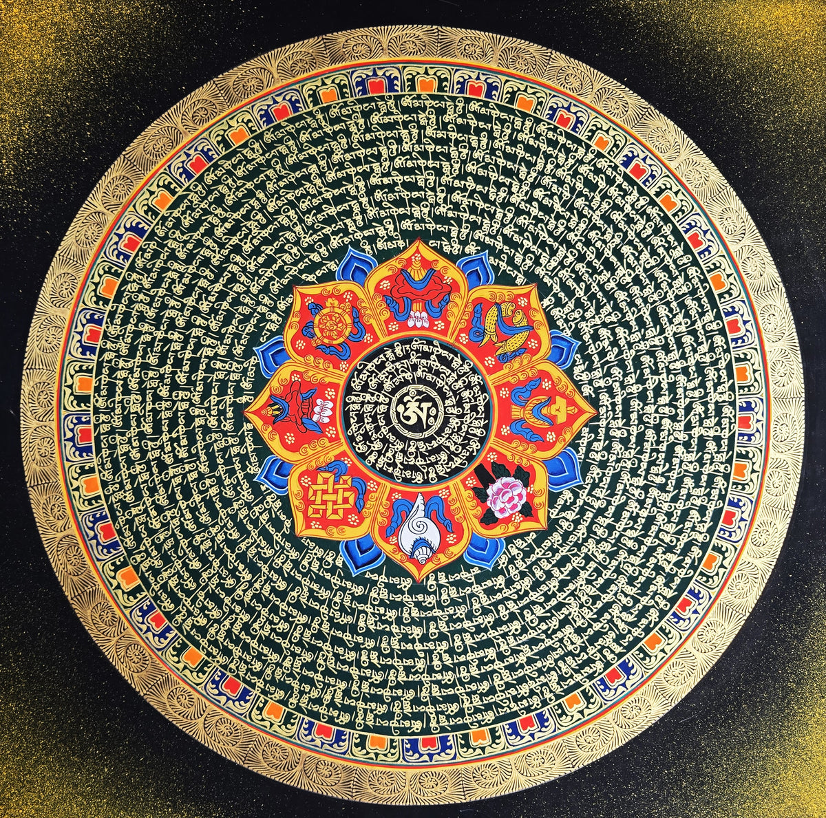 Hand-Painted Om Mantra Mandala Thangka