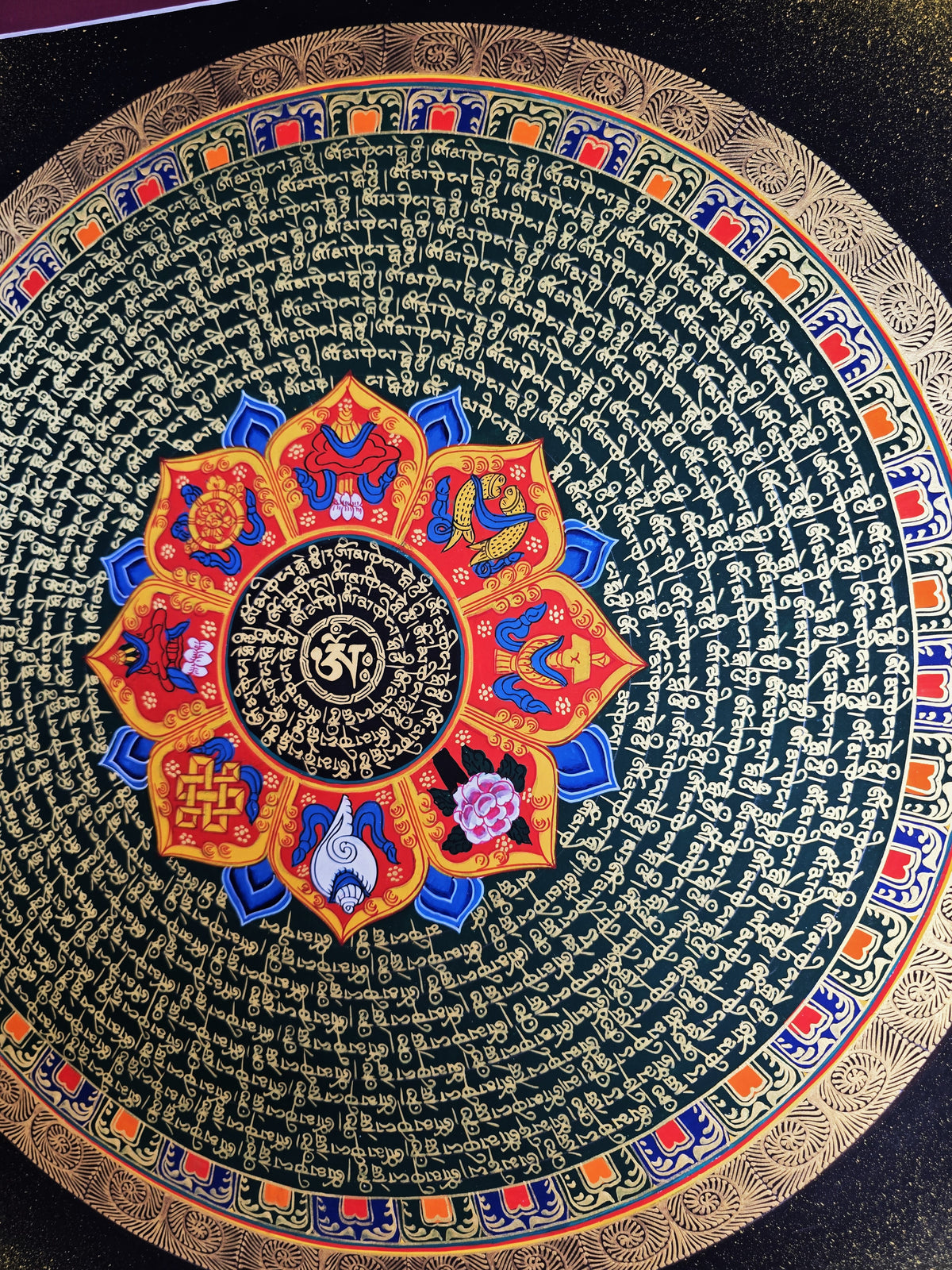 Hand-Painted Om Mantra Mandala Thangka