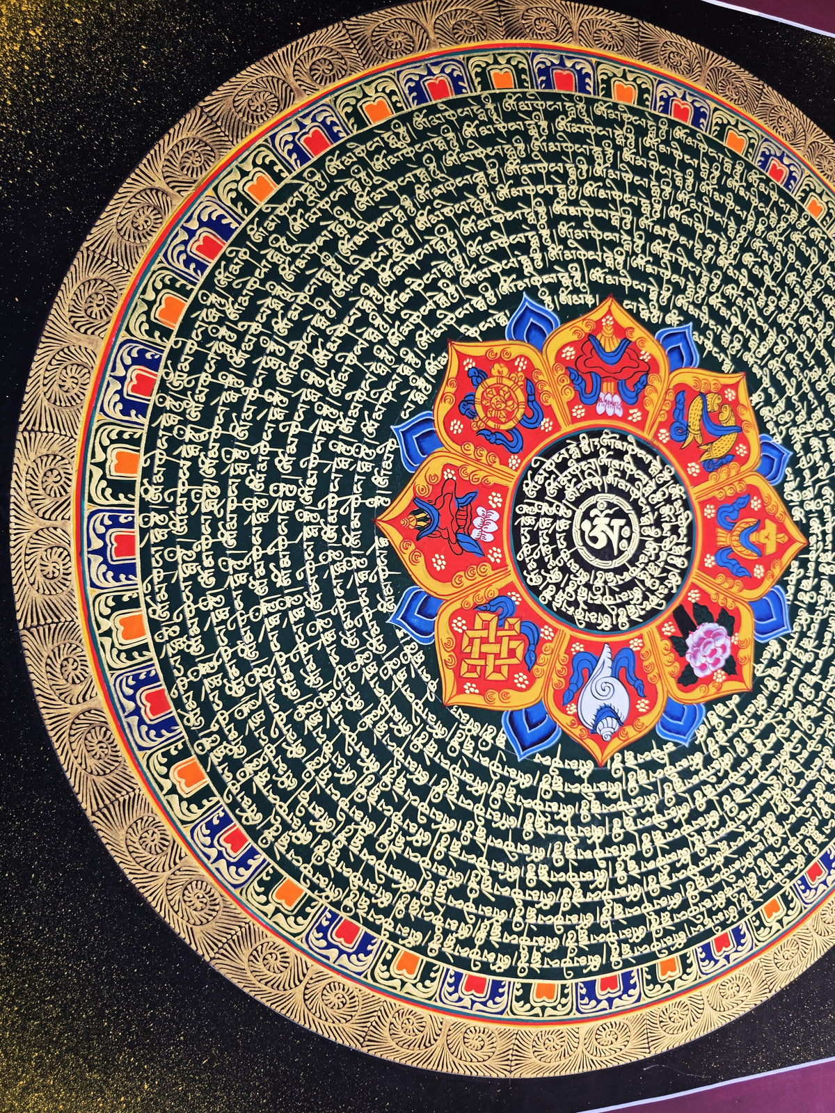 Hand-Painted Om Mantra Mandala Thangka