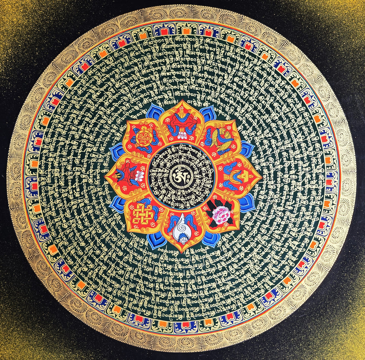Hand-Painted Om Mantra Mandala Thangka