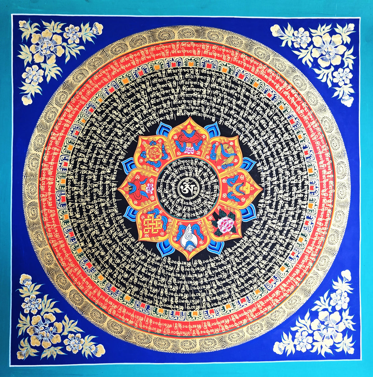 Hand-Painted Om Mantra Mandala Thangka