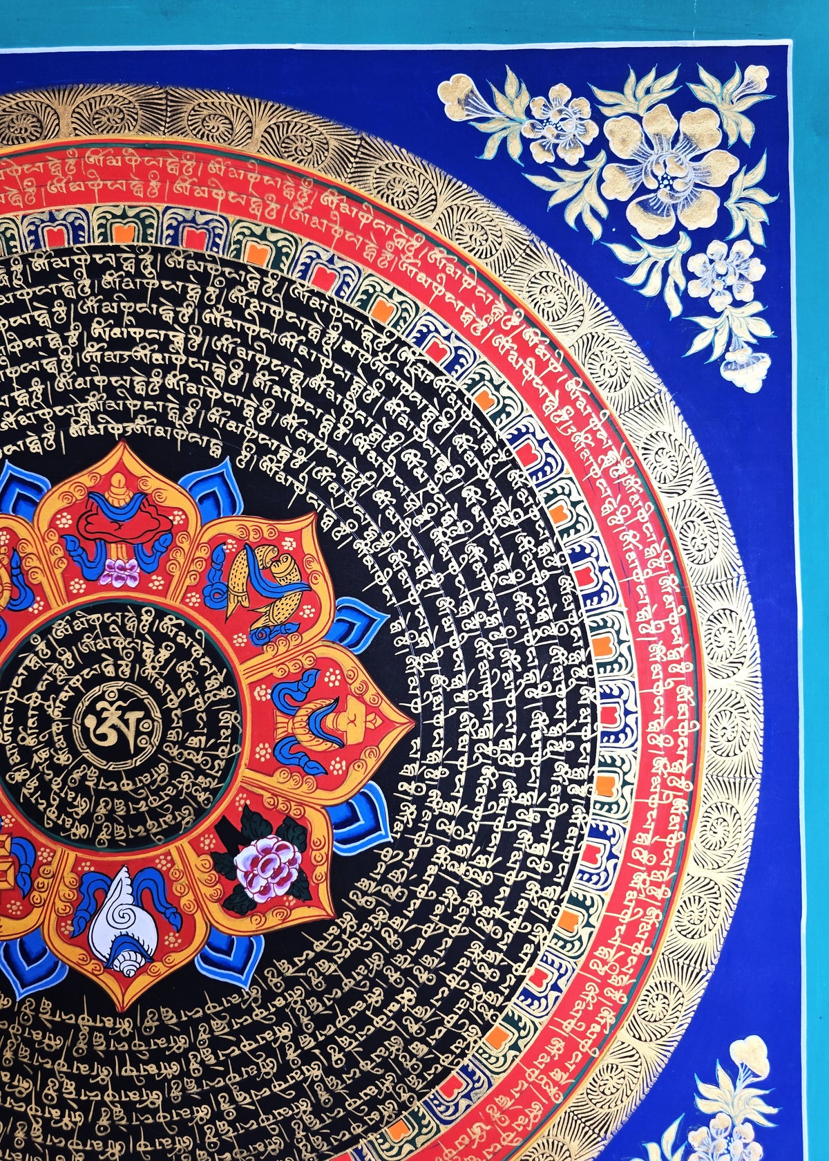 Hand-Painted Om Mantra Mandala Thangka
