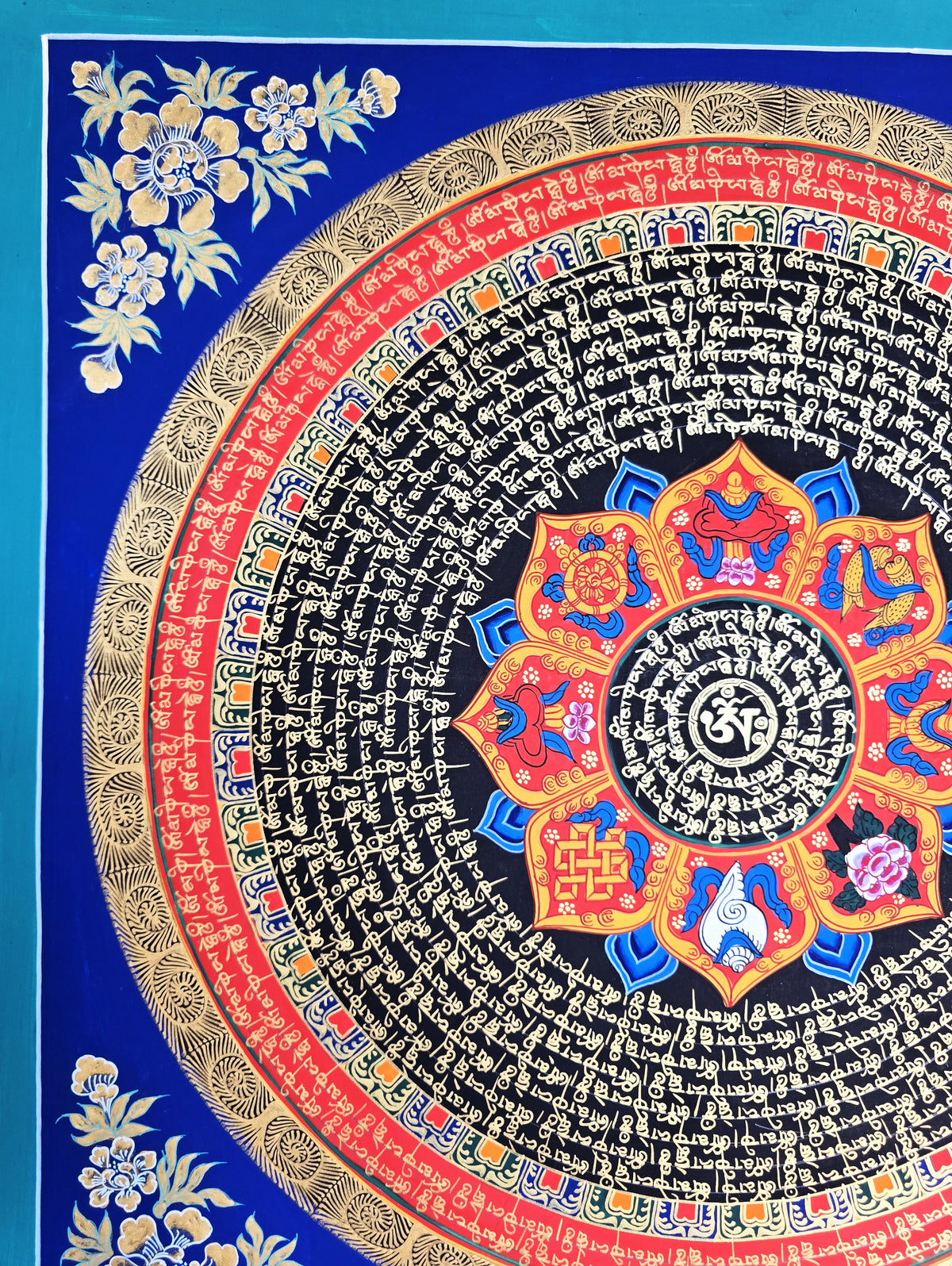 Hand-Painted Om Mantra Mandala Thangka