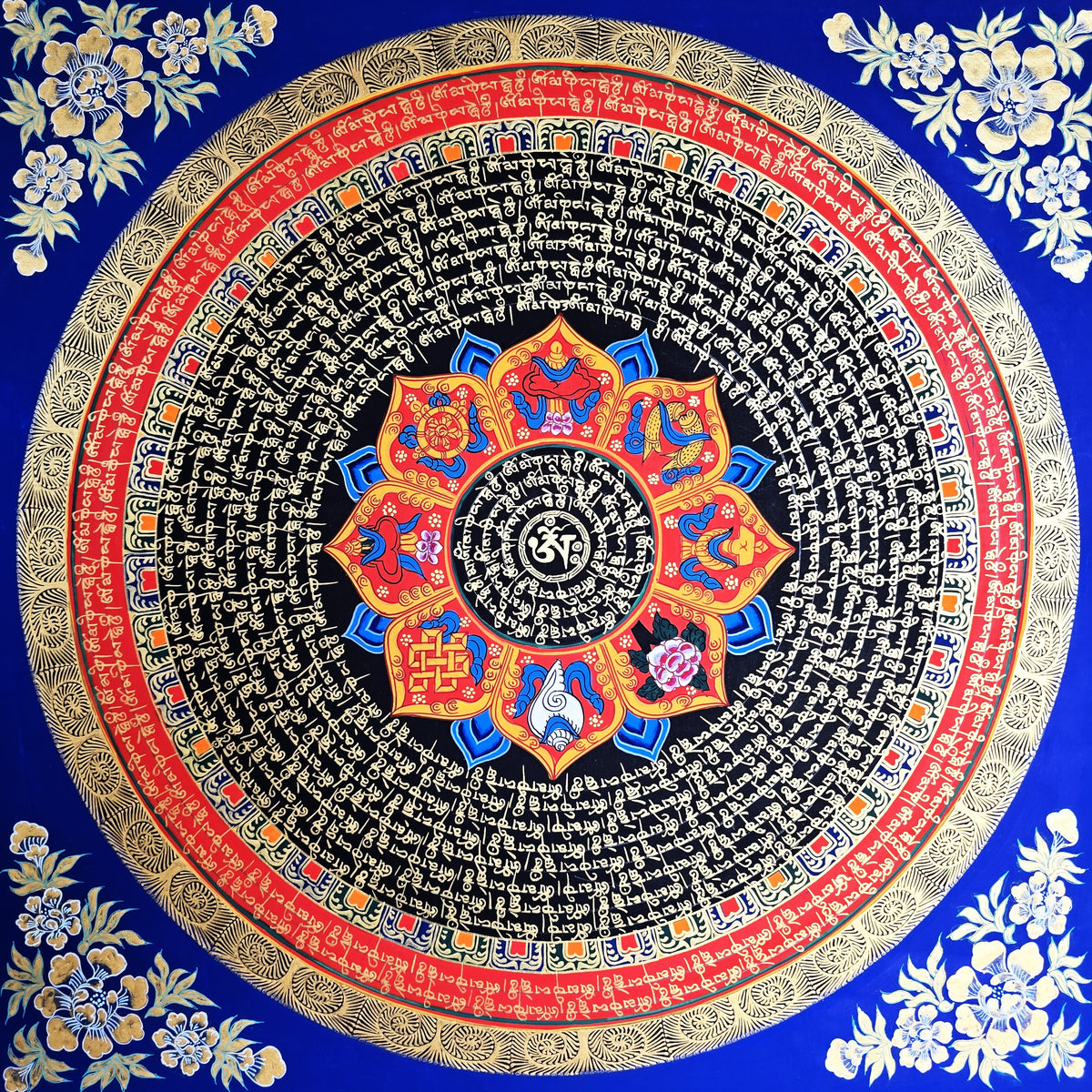 Hand-Painted Om Mantra Mandala Thangka