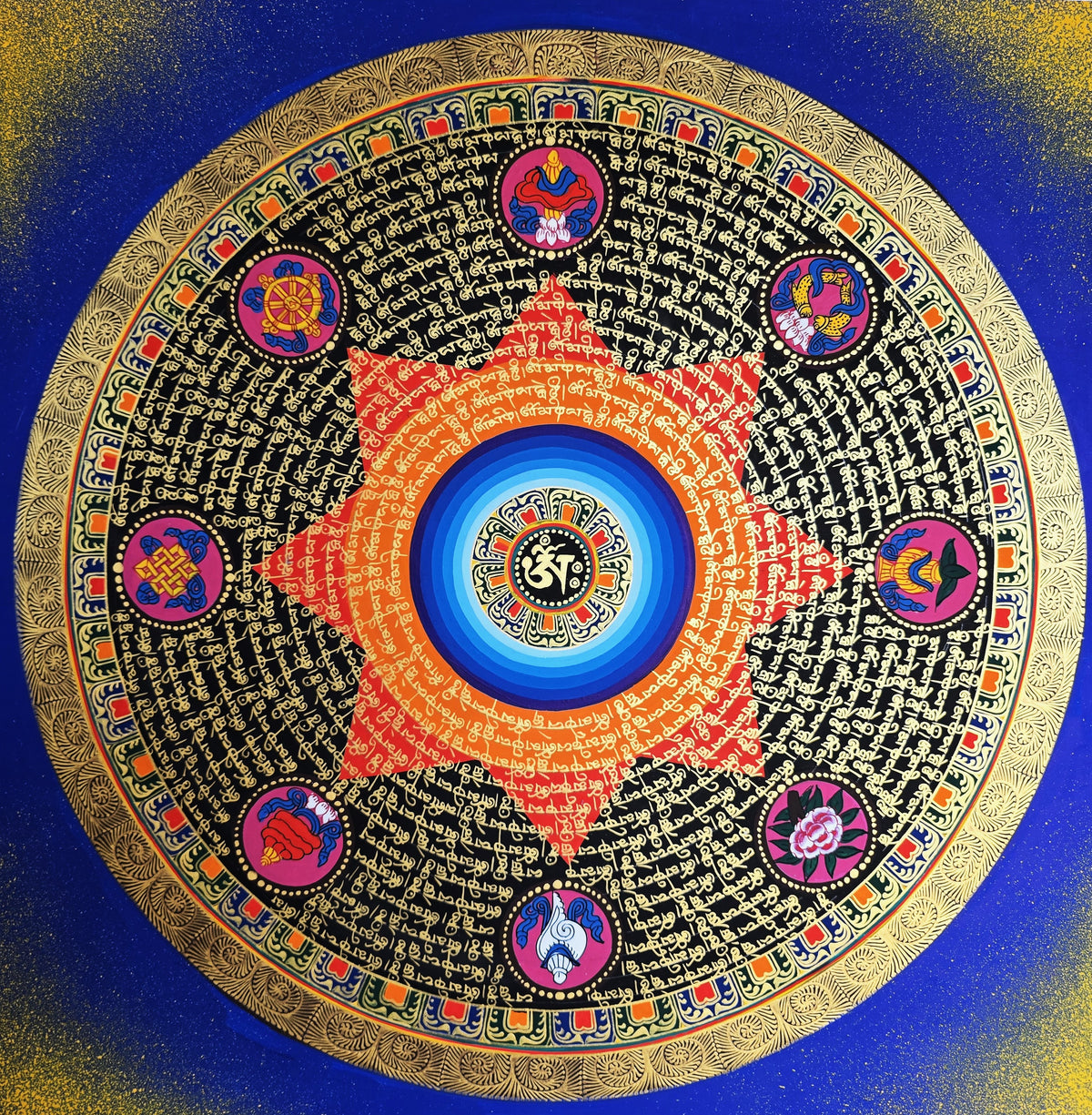 Hand-Painted Om Mantra Mandala Thangka