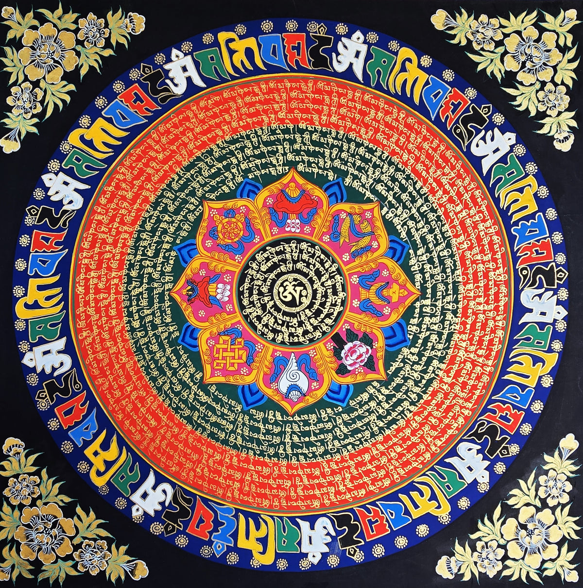 Hand-Painted Om Mantra Mandala Thangka