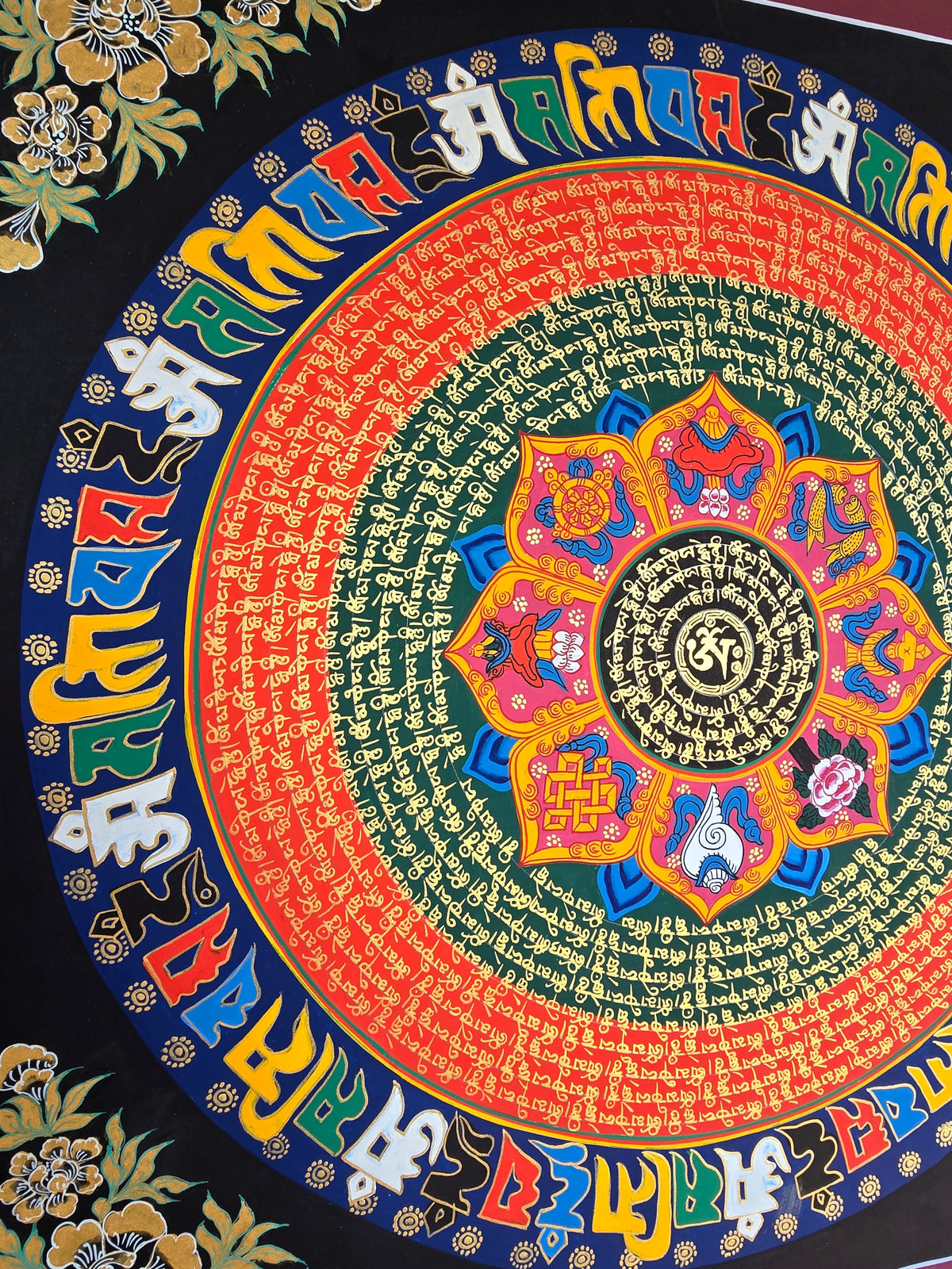 Hand-Painted Om Mantra Mandala Thangka