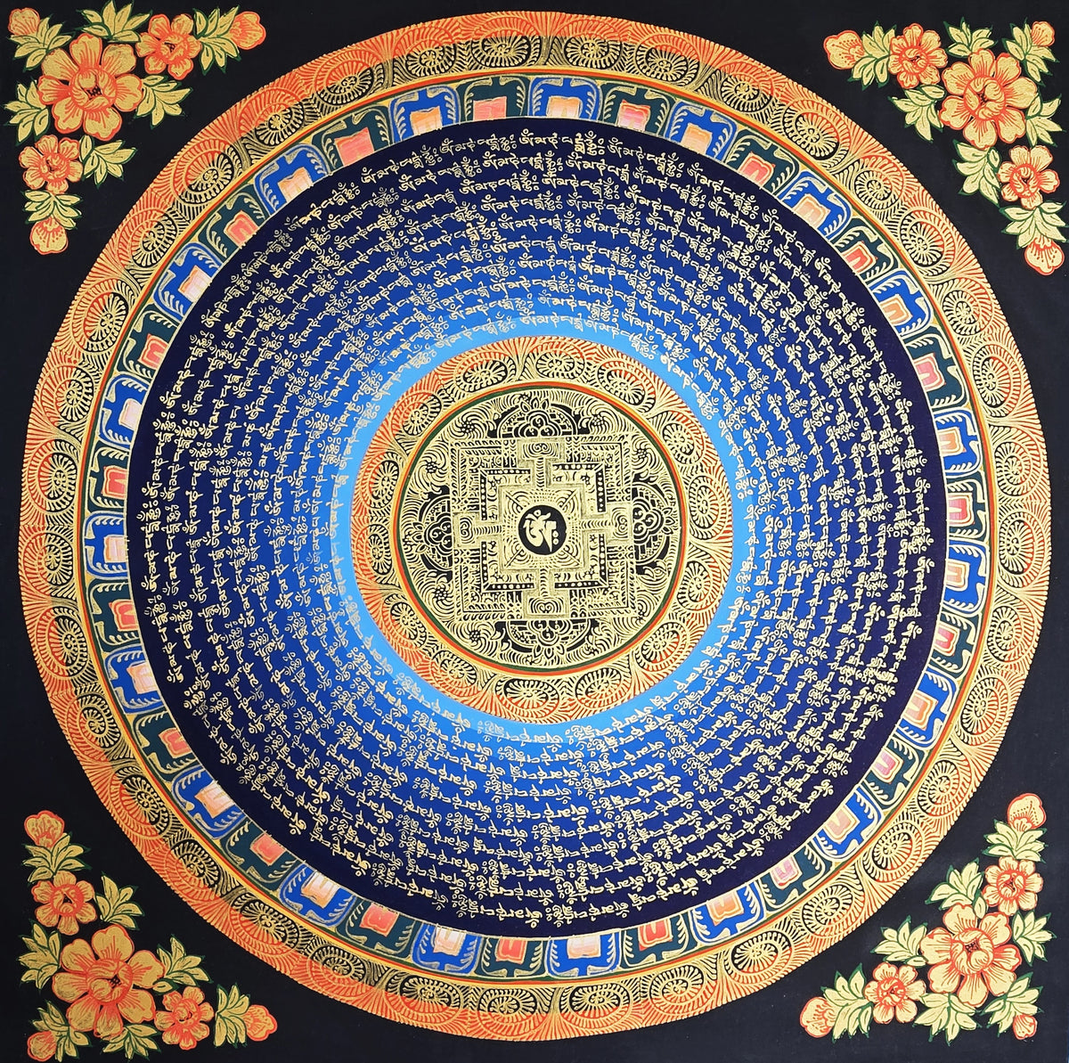 Hand-Painted Om Mantra Mandala Thangka