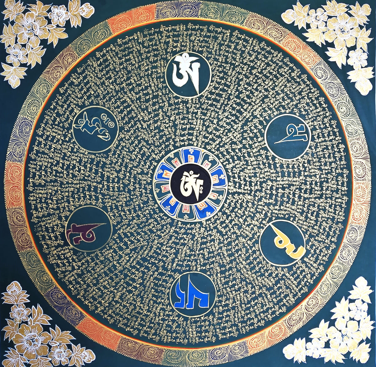 Hand-Painted Om Mantra Mandala Thangka