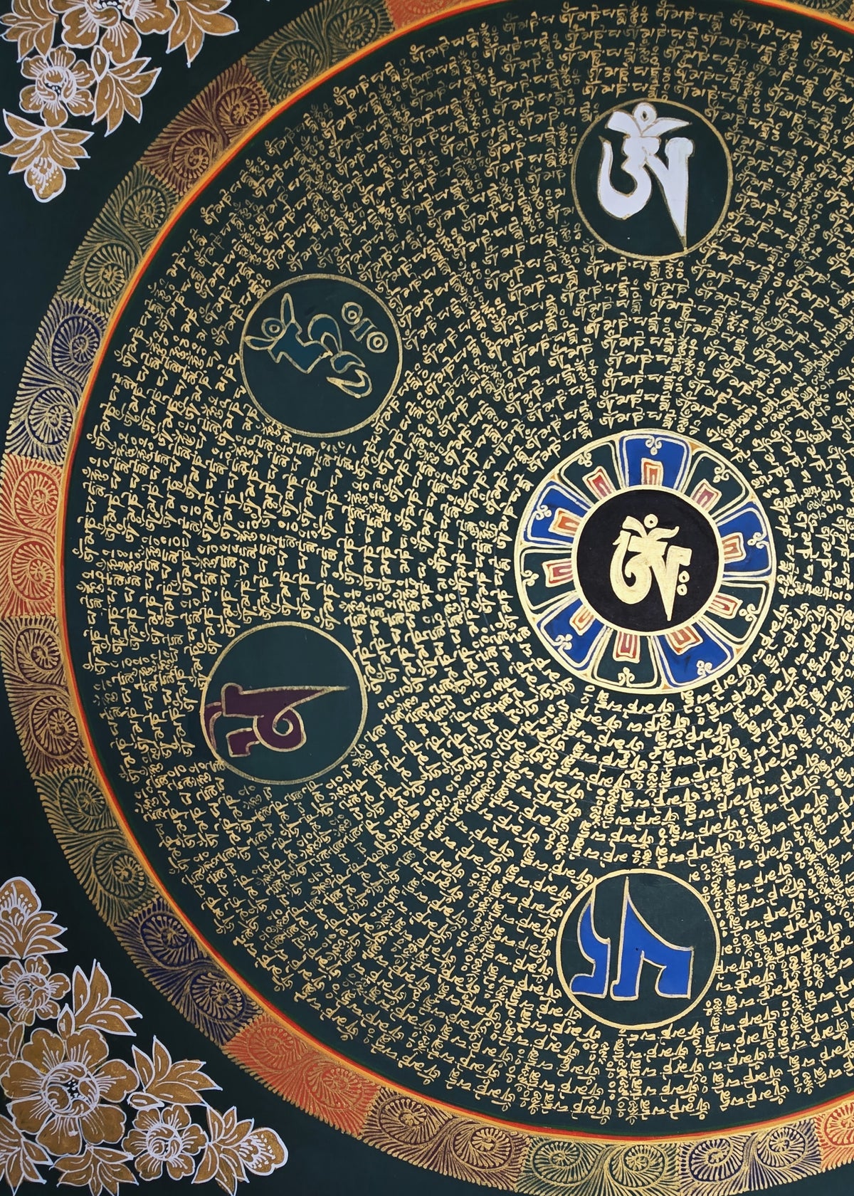 Hand-Painted Om Mantra Mandala Thangka