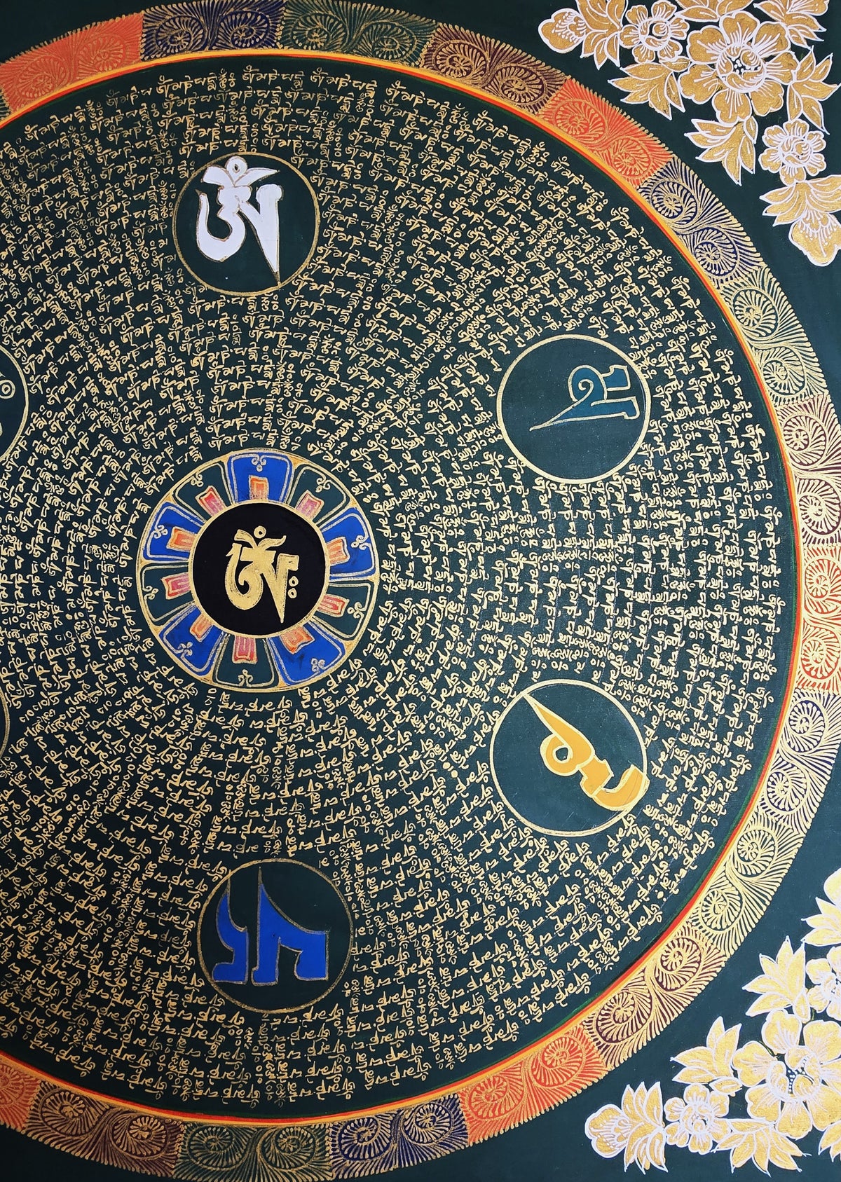 Hand-Painted Om Mantra Mandala Thangka