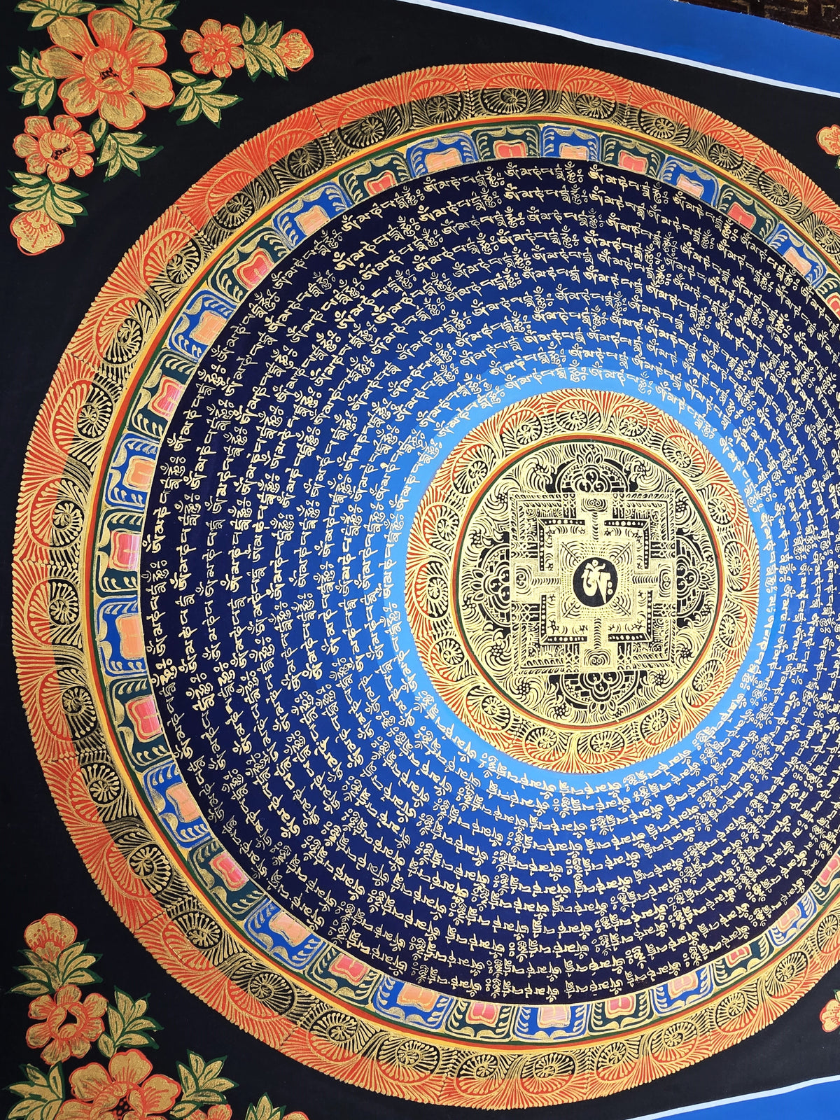 Hand-Painted Om Mantra Mandala Thangka