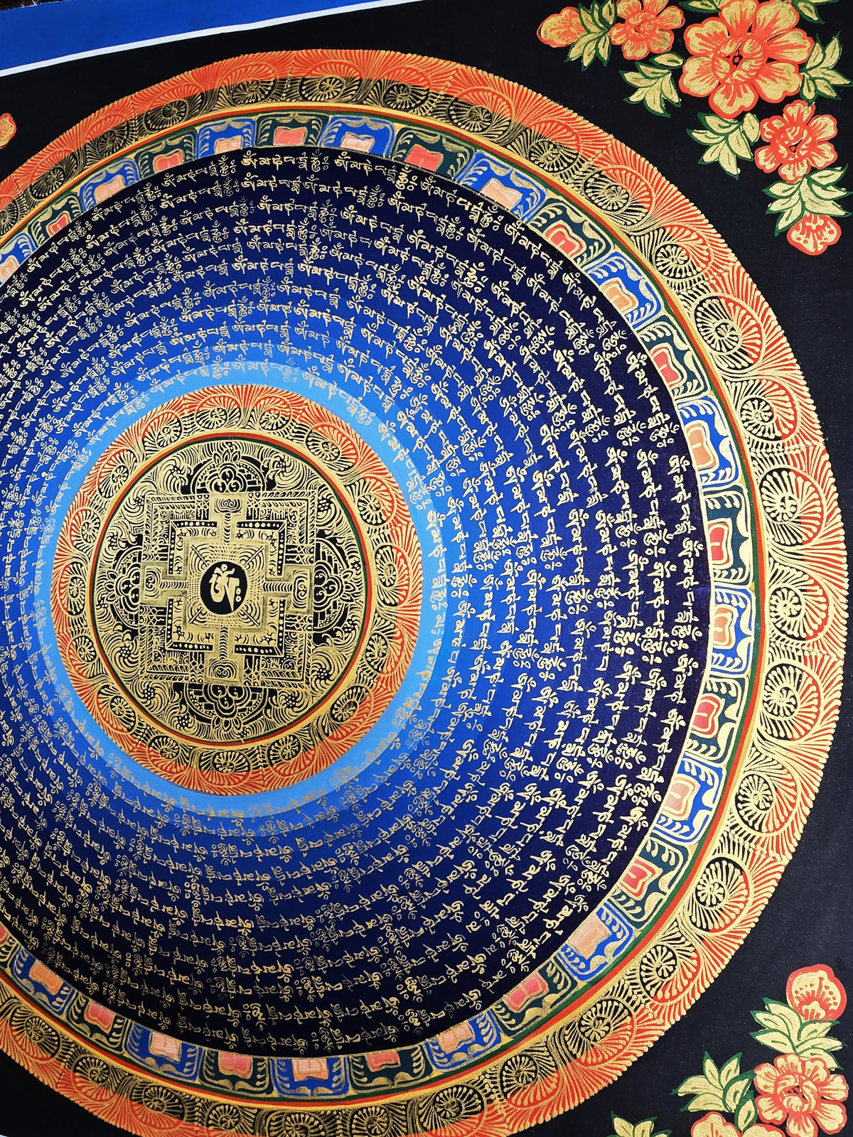 Hand-Painted Om Mantra Mandala Thangka