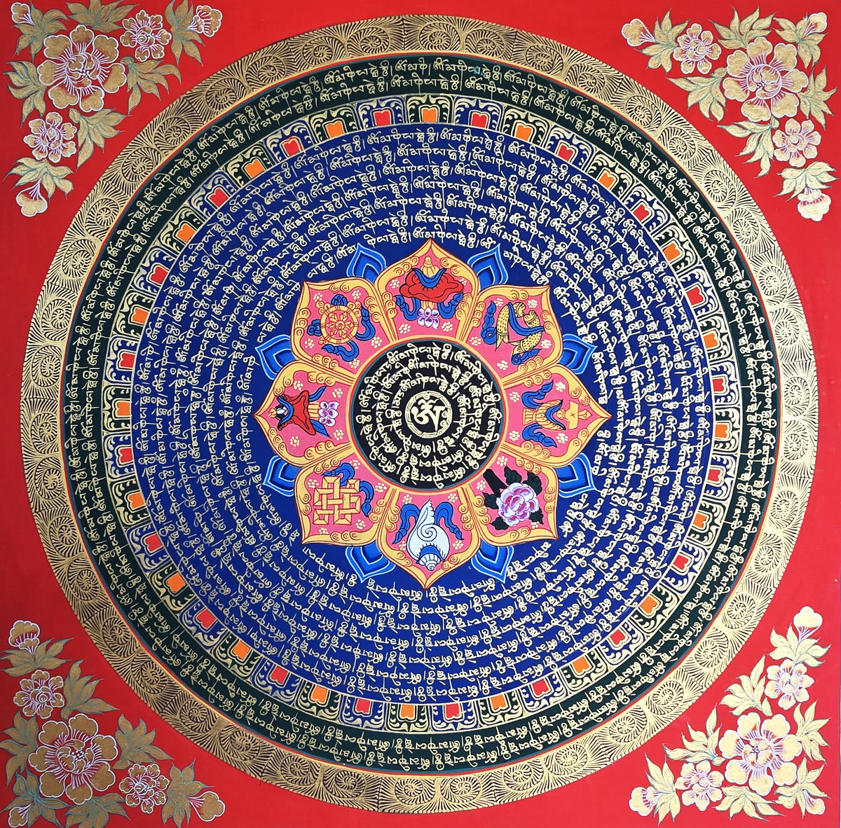 Hand-Painted Om Mantra Mandala Thangka