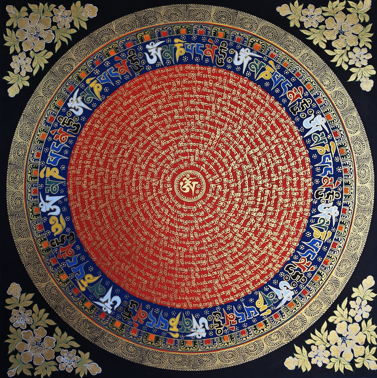 Hand-Painted Om Mantra Mandala Thangka