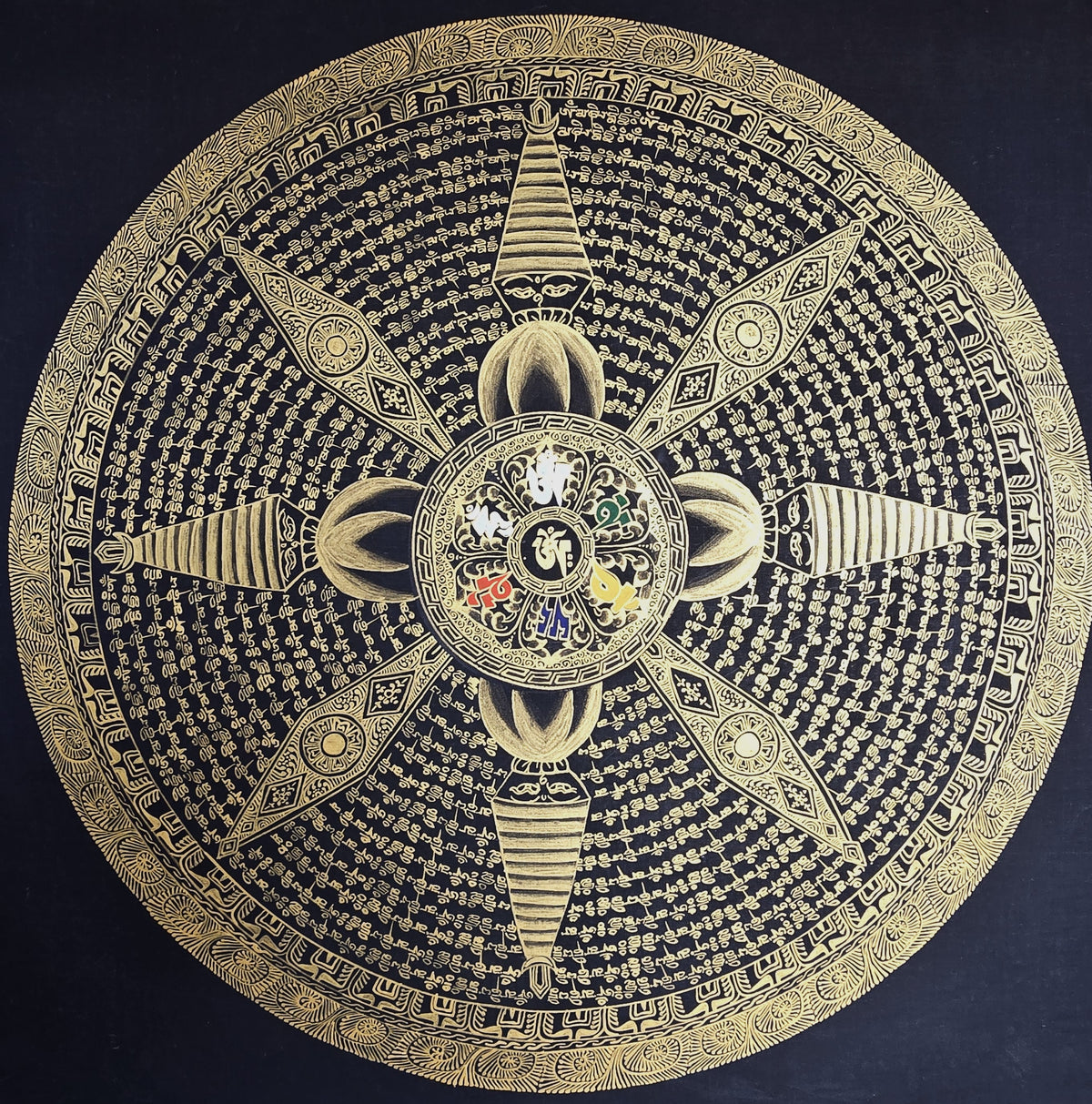 Hand-Painted Om Mantra Mandala Thangka