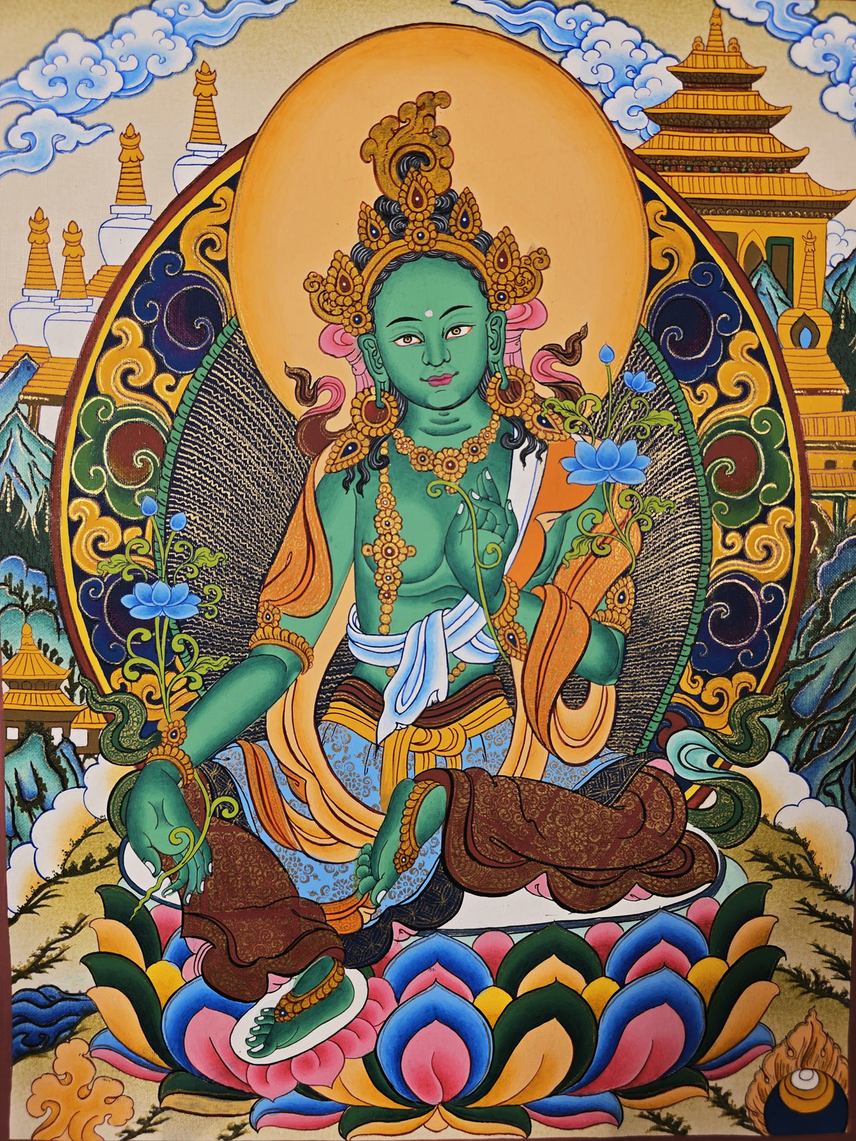 Green Tara Thangka – Hand-Painted Tibetan Buddhist Art | Meditation & Protection Wall Decor