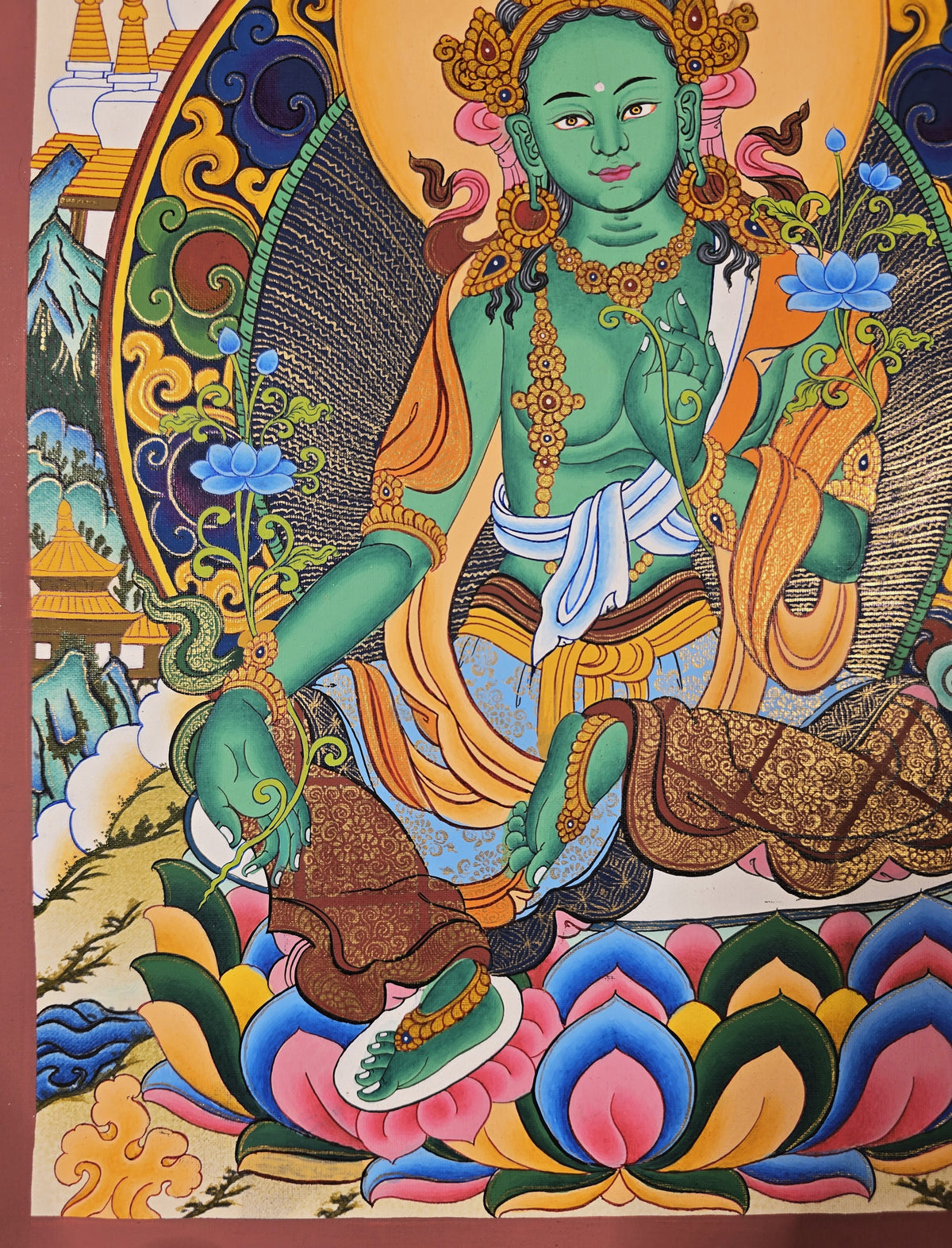Green Tara Thangka – Hand-Painted Tibetan Buddhist Art | Meditation & Protection Wall Decor