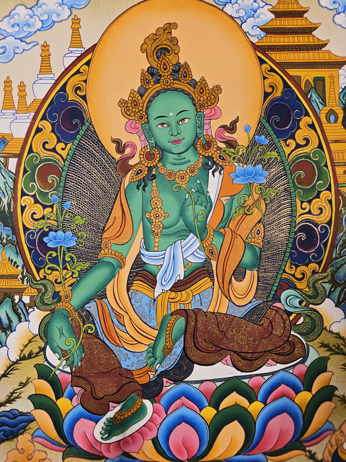 Green Tara Thangka – Hand-Painted Tibetan Buddhist Art | Meditation & Protection Wall Decor
