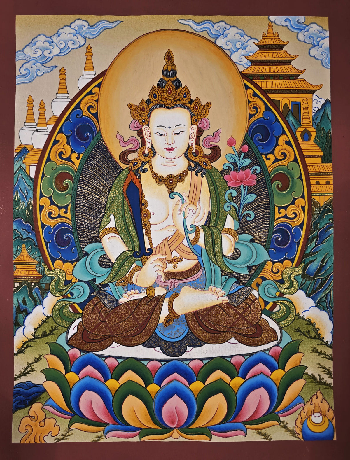 White Manjushri Thangka – Hand-Painted Tibetan Buddhist Art | Meditation & Protection Wall Decor
