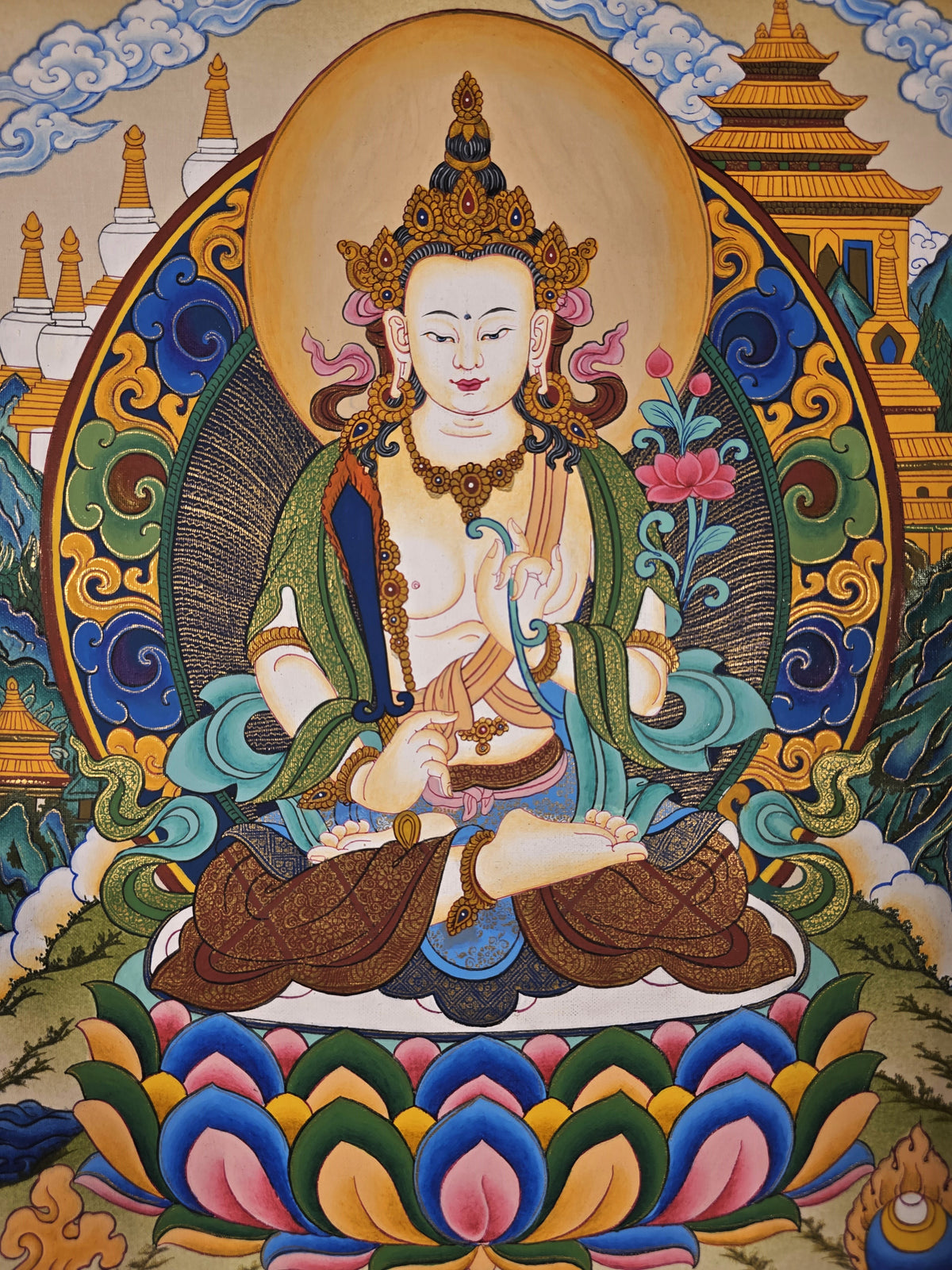 White Manjushri Thangka – Hand-Painted Tibetan Buddhist Art | Meditation & Protection Wall Decor