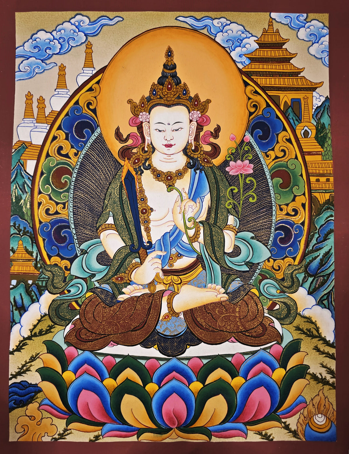 White Manjushri Thangka – Hand-Painted Tibetan Buddhist Art | Meditation & Protection Wall Decor
