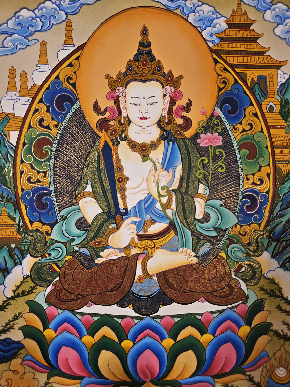 White Manjushri Thangka – Hand-Painted Tibetan Buddhist Art | Meditation & Protection Wall Decor