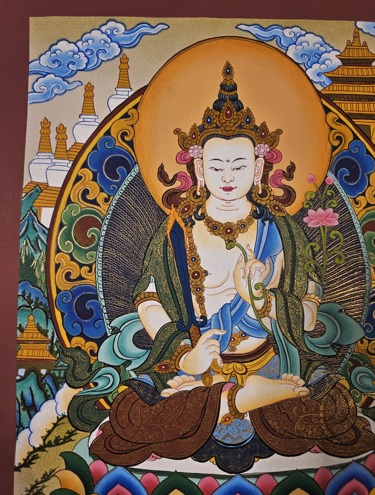 White Manjushri Thangka – Hand-Painted Tibetan Buddhist Art | Meditation & Protection Wall Decor