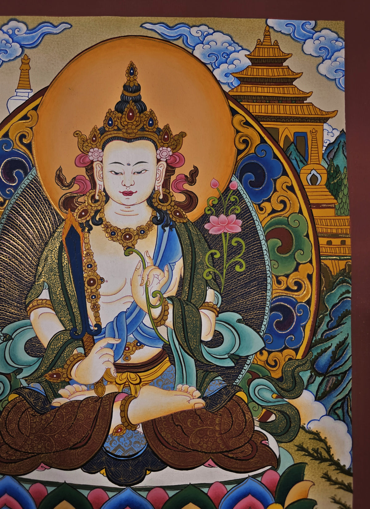 White Manjushri Thangka – Hand-Painted Tibetan Buddhist Art | Meditation & Protection Wall Decor