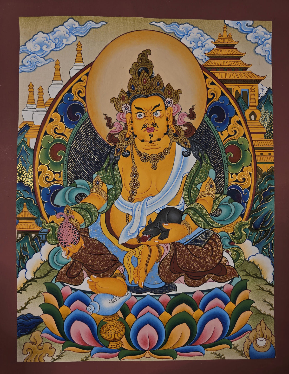 Jambhala Thangka – Hand-Painted Tibetan Buddhist Art | Wealth, Prosperity &amp; Protection Wall Decor
