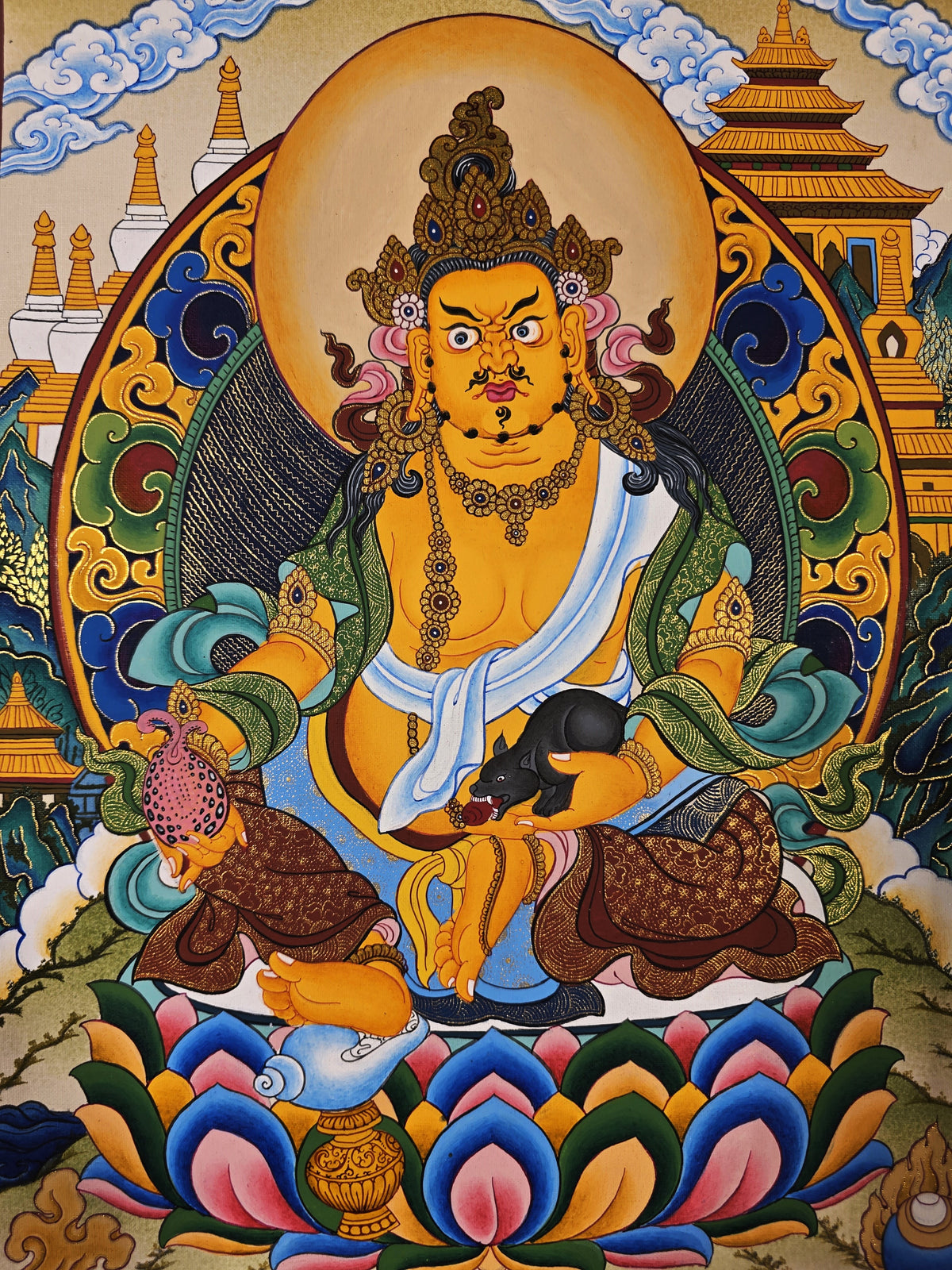 Jambhala Thangka – Hand-Painted Tibetan Buddhist Art | Wealth, Prosperity &amp; Protection Wall Decor
