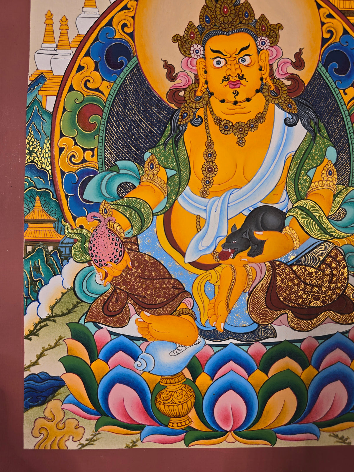Jambhala Thangka – Hand-Painted Tibetan Buddhist Art | Wealth, Prosperity &amp; Protection Wall Decor